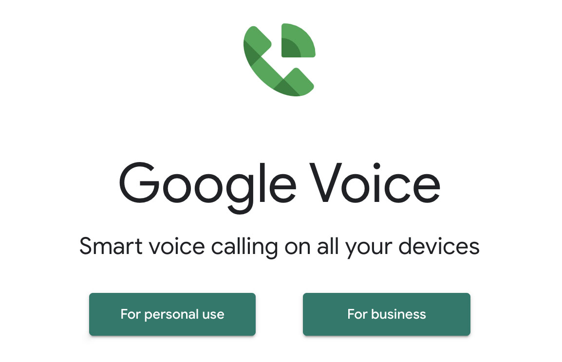 Google Voice home page with plan options for personal and business use.