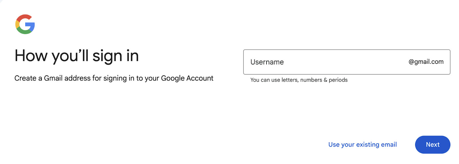 A Google account form field for creating a Gmail address.