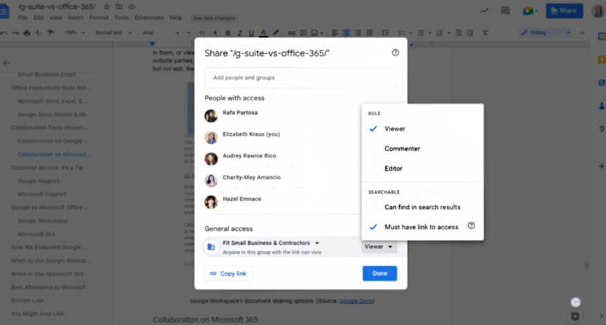 Screenshot of Google Docs sharing options