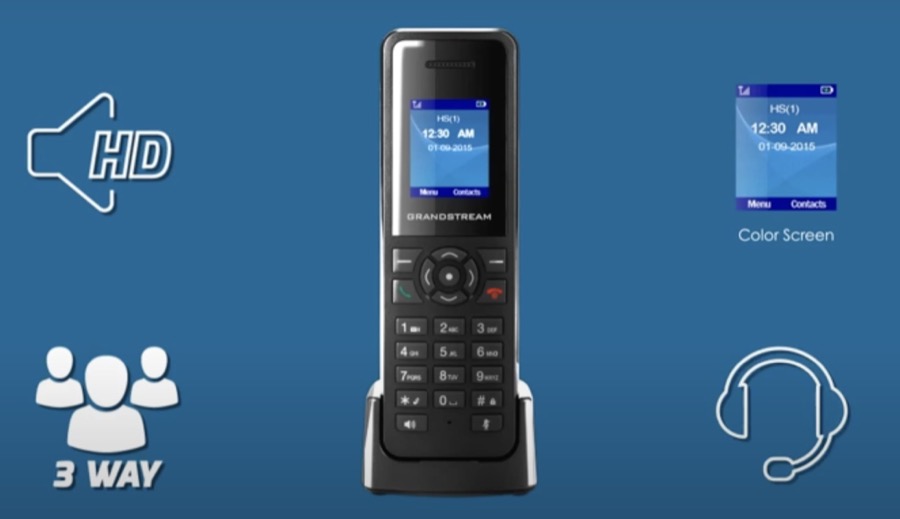 Image of a Grandstream DP720 cordless device with multiple graphics of key features, such as HD, 3-way calling, and color screen.