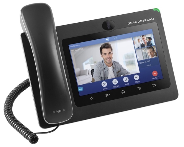 GXV3370 IP video phone showing video conferencing in action.