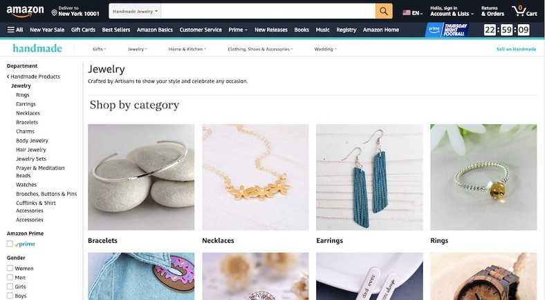 Screenshot of "jewelry" section on Handmade by Amazon