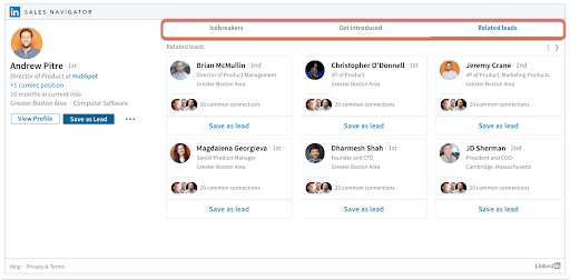 Screenshot of sales navigation page of HubSpot with member profiles present as leads opportunities