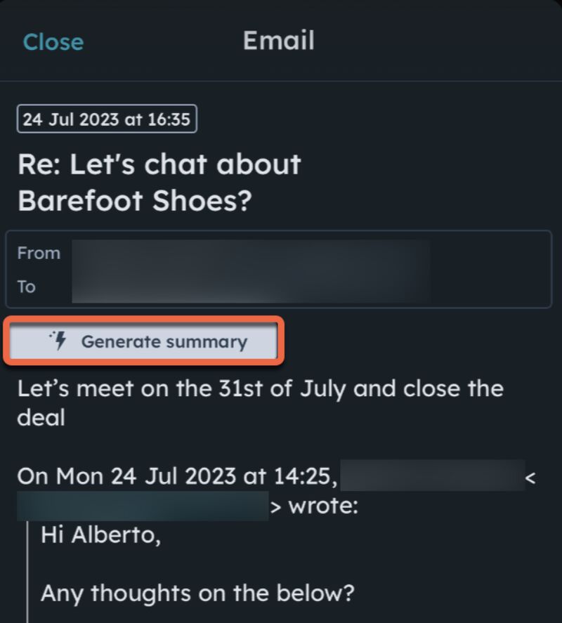 HubSpot’s AI assistant helps sales reps generate content, like a chat summary.