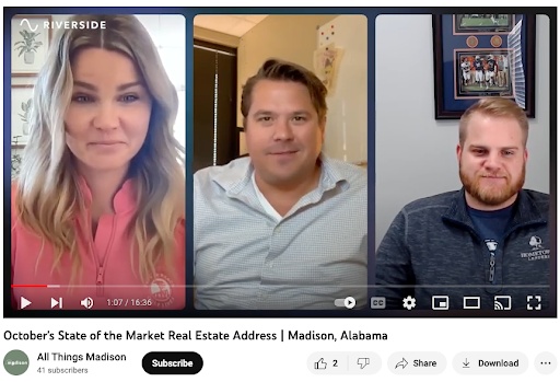 YouTube video with hyperlocal content, titled "October's State of the Market Real Estate Address Madison, Alabama"