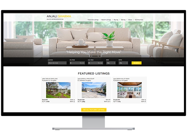 Real estate website with search bar and features listings