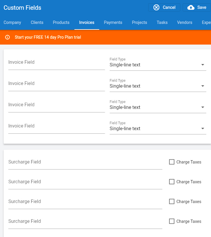 Screen where you can add custom invoice fields in Invoice Ninja.