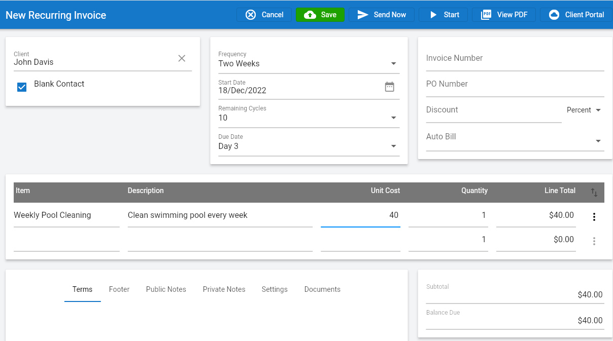 Screen where you can set up a new recurring invoice in Invoice Ninja.