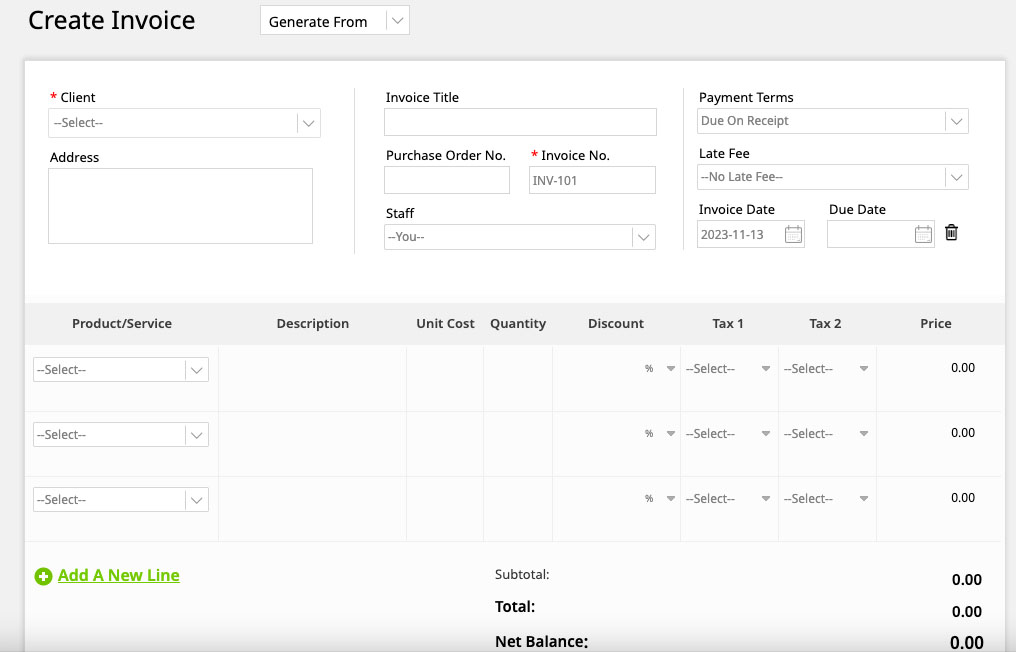 Screen where you can create a new invoice in Invoicera.