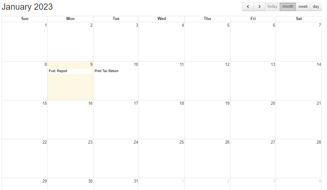 Built-in calendar showing tasks in January 2023 in Jetpack Workflow.