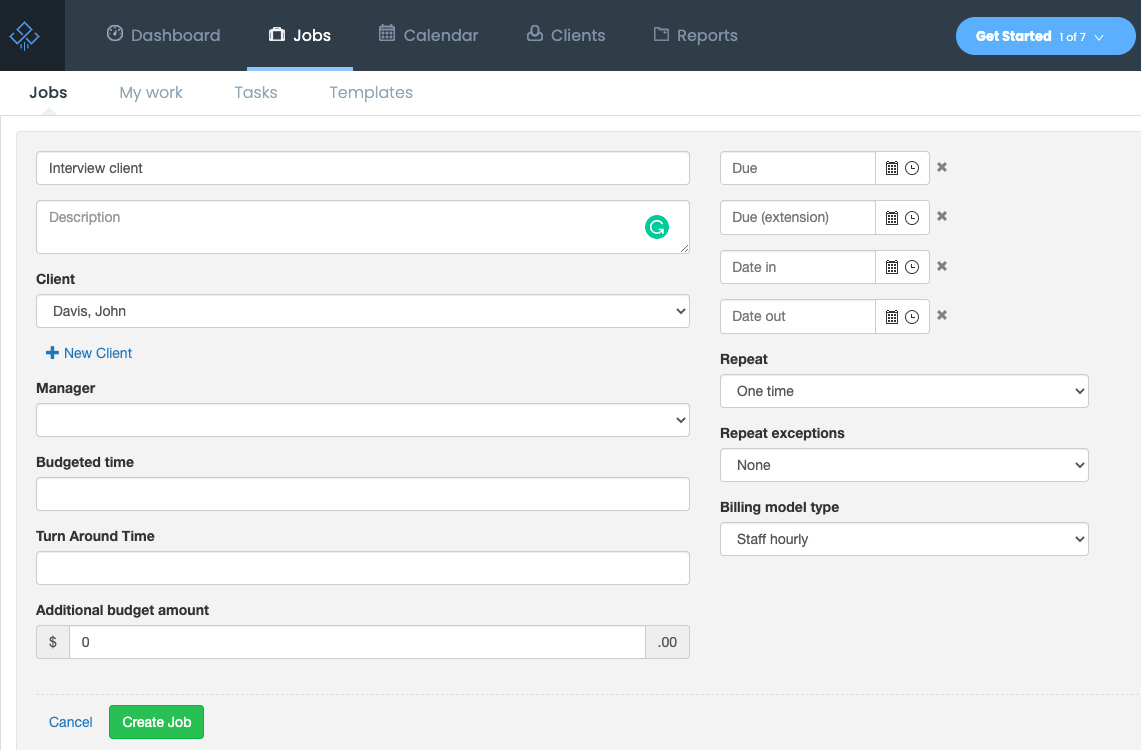 Screen where you can record a new job in Jetpack Workflow.