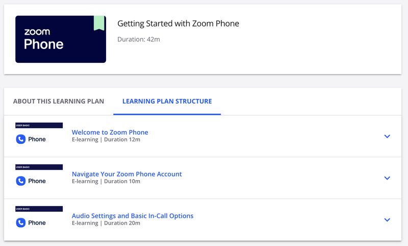 "A screenshot about the learning plan structure of the Zoom Phone learning course"