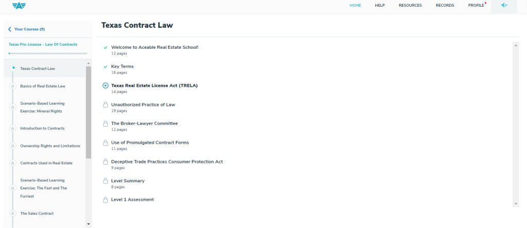 Example of Aceable Agent course dashboard titled "Texas Contract Law".