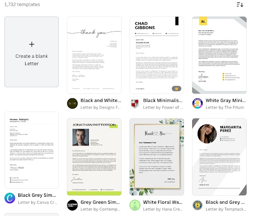 Letter document template options in Canva