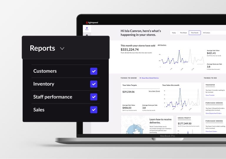 Lightspeed POS reporting dashboard and reports categories.