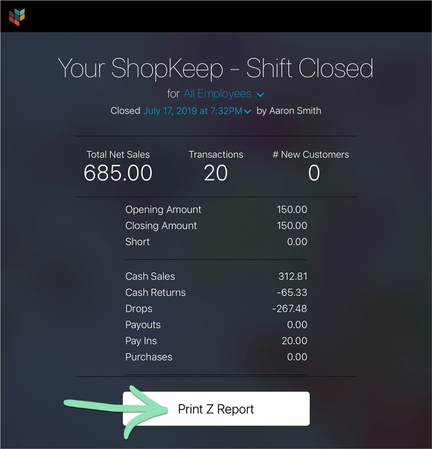 You can print end of shift Z reports directly from the POS terminal, even if you lose internet connectivity.