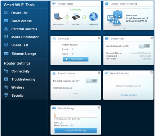 LinkSys Smart Wi-Fi dashboard showing different router configuration options
