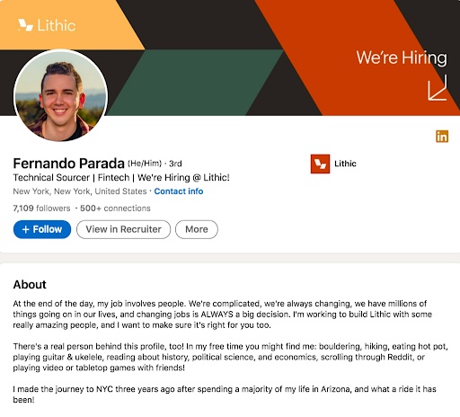 Screenshot of LinkedIn profile showcasing a profile summary in an about section of profile.