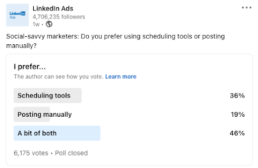 LinkedIn poll with answers to a question posed by user and response percentages