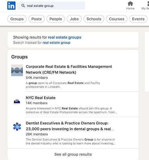 Screenshot of various real estate groups that show up when processing a group search