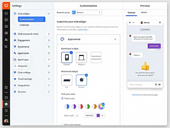 A screenshot showing LiveChat's chat window customization settings