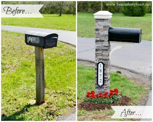 Mailbox before and after adding faux stone and flowers