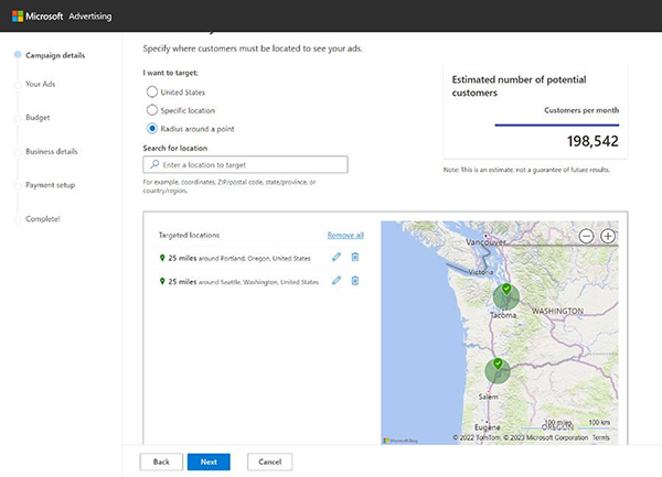 Microsoft Advertising campaign targeted locations