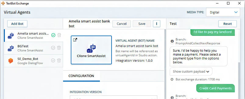 The TextBot Exchange window displaying the option to configure the chatbot CXone SmartAssist.