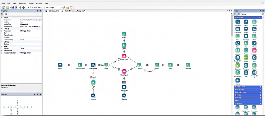 The CXone studio interface showing an interactive voice response (IVR) builder, where a call flow is mapped out.