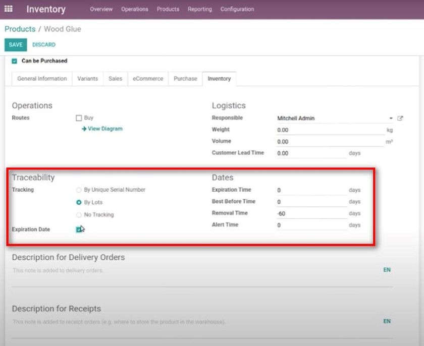 Screenshot of Odoo Inventory showing tracking of expiry dates.