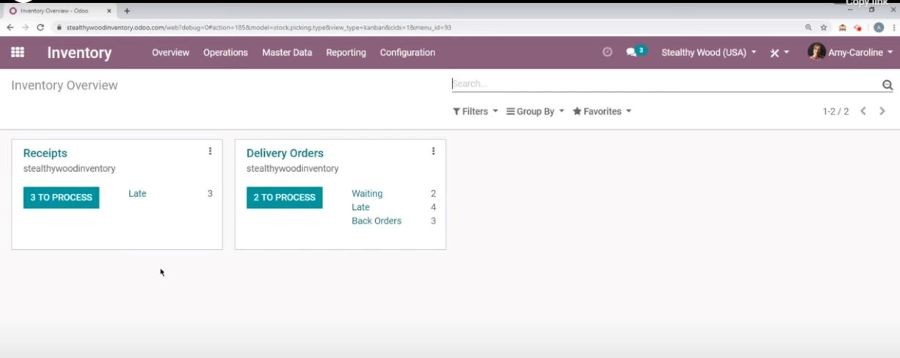 Screenshot of Odoo Inventory dashboard showing tasks to be done