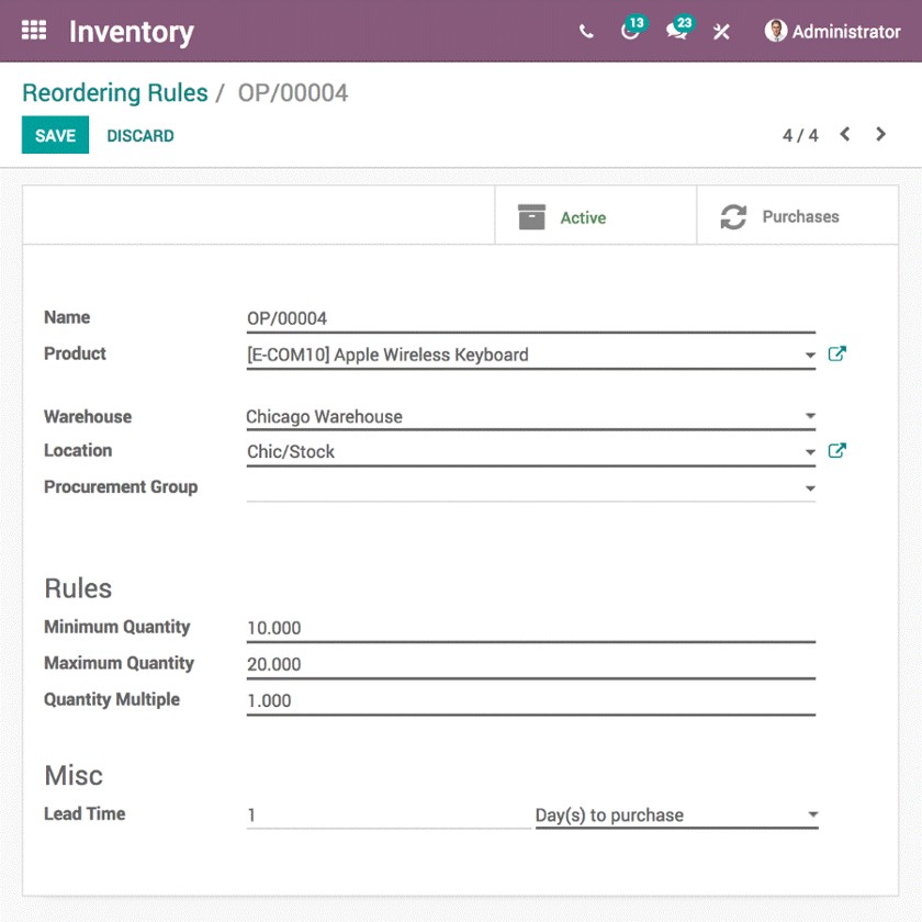 Screenshot of Odoo showing reordering rules.