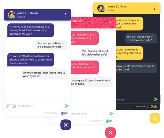 Several mobile screens showing Olark's customized chat boxes