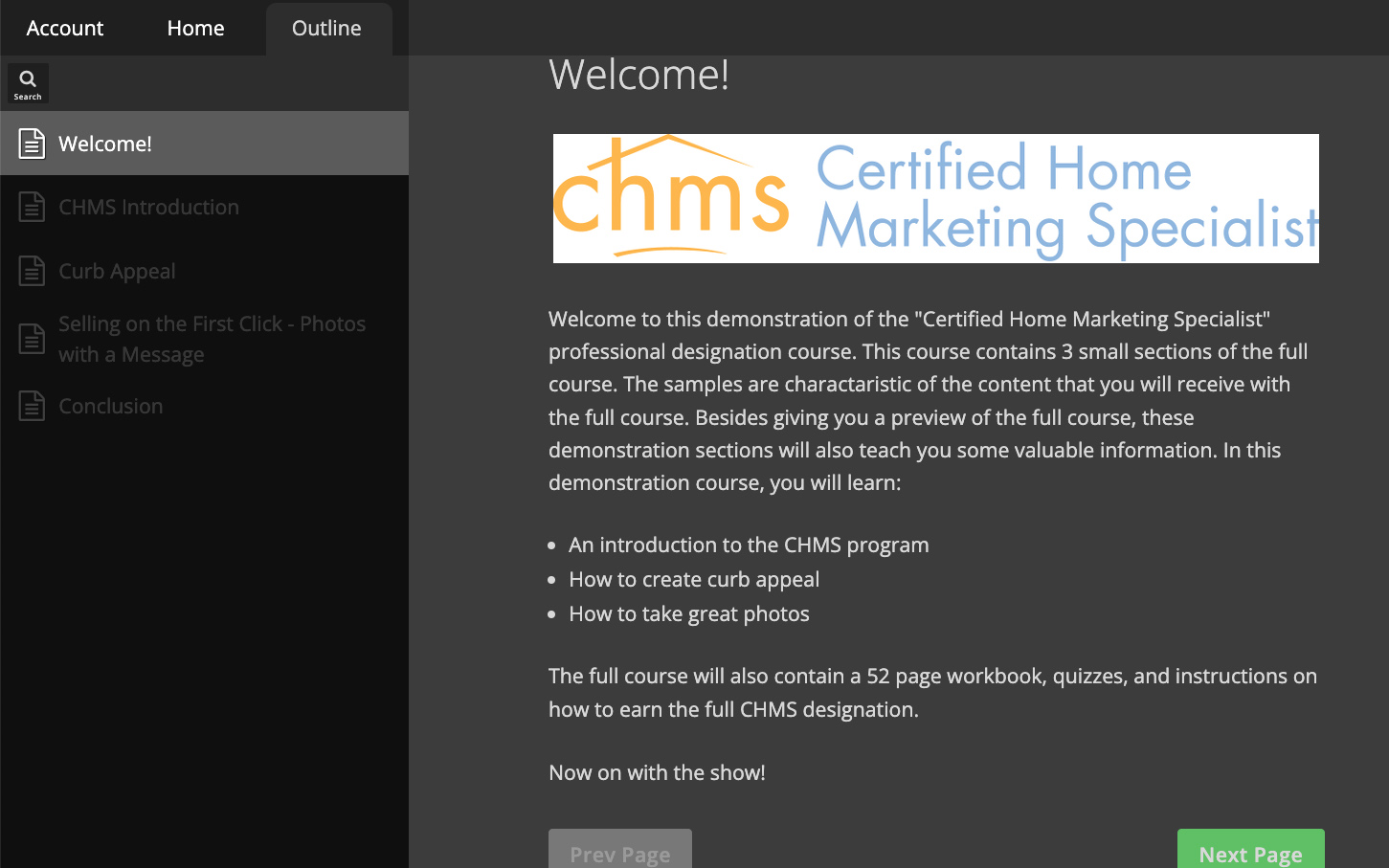 OnlineEd's Certified Home Marketing Specialist course demo screenshot.