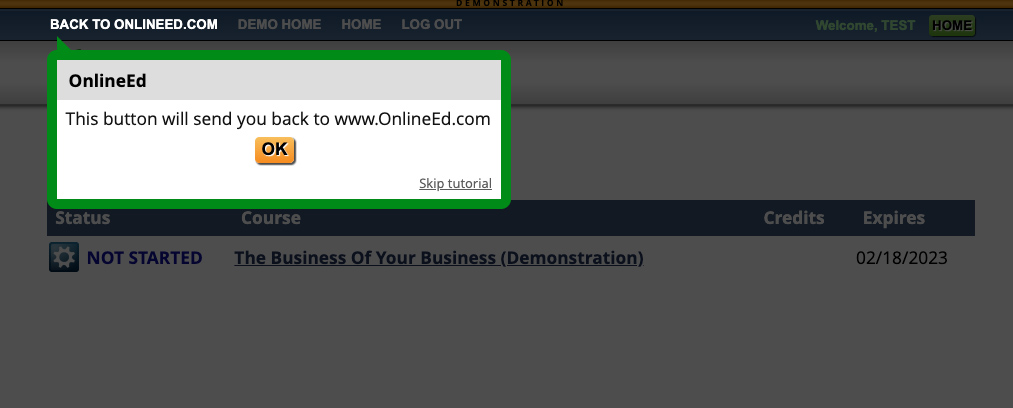 OnlineEd's course demo tutorial screenshot.