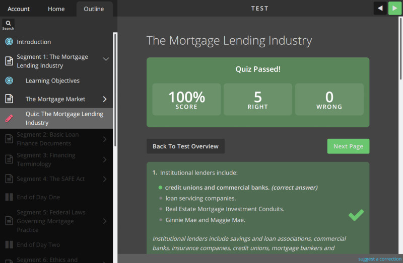 OnlineEd practice quiz for course titled "The Mortgage Lending Industry."