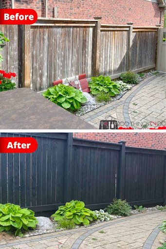 Wooden fence before and after being painted black