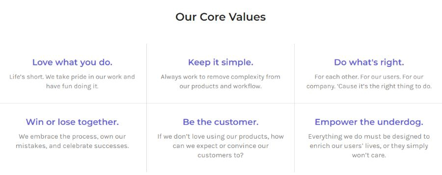 Six core values from Pinger, Inc.'s website.