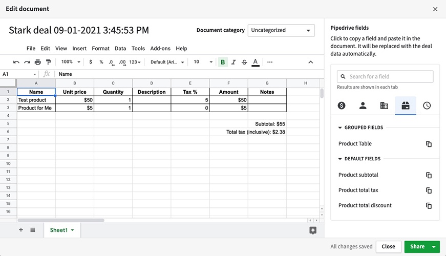 Populating quote document data through SmartDocs in Pipedrive