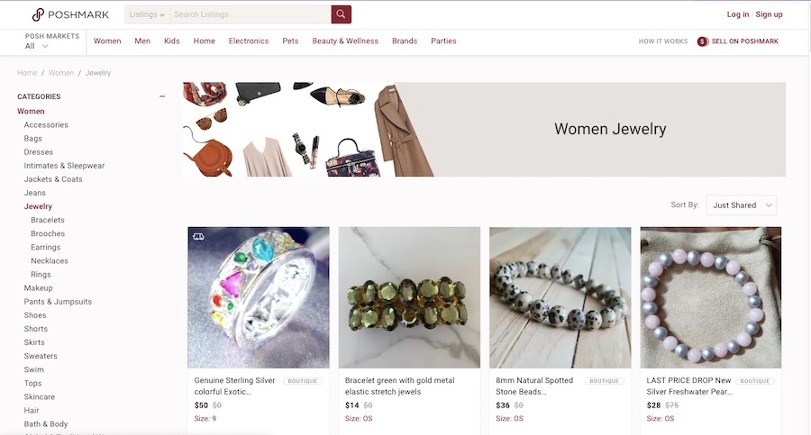 Screenshot of the "women's jewelry" category on Poshmark