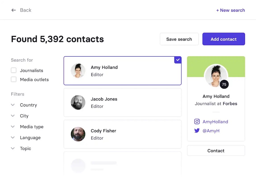 Prowly's interface showing its database of media contacts