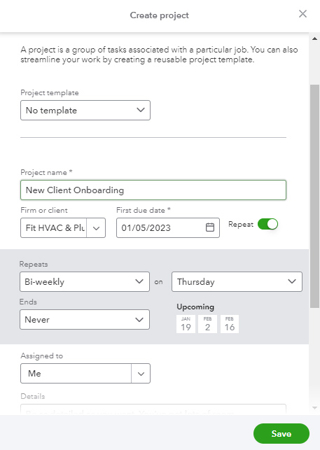 Screen where you can create a new project in QuickBooks Online Accountant.