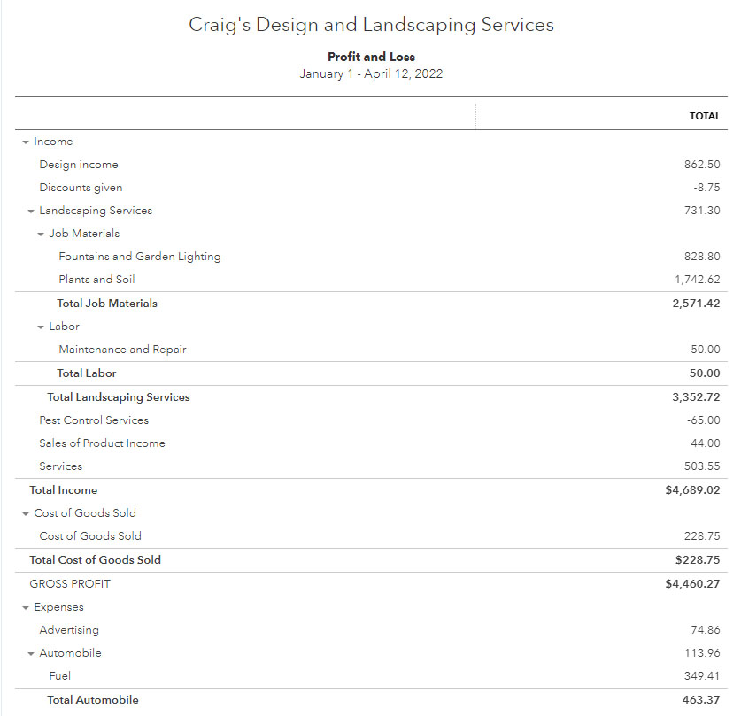 Image showing a sample income statement from QuickBooks Online.