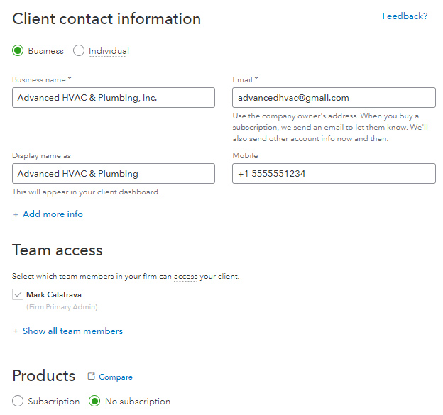 Screen you can add a new client in QuickBooks Online Accountant.