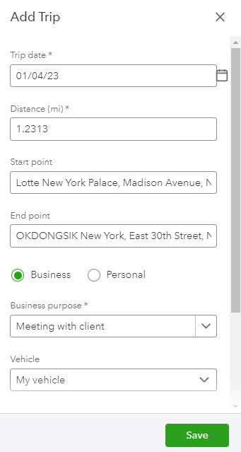 Screen where you can manually enter your business mileage in QuickBooks Online Accountant.