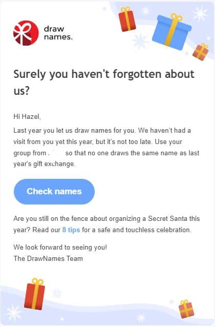 Screenshot of Draw Names re-engagement email