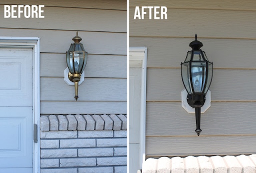 Exterior light fixture before and after refinishing or repainting