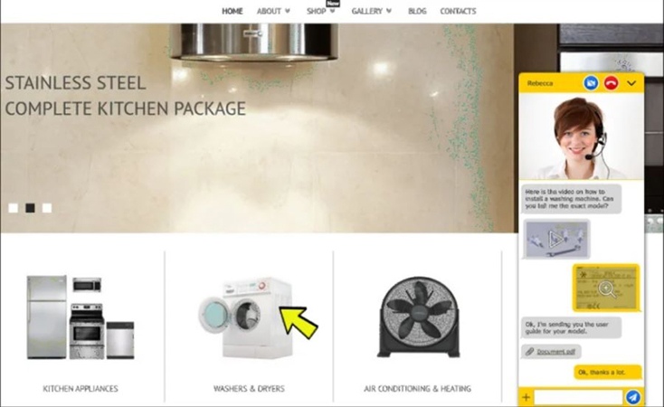A screenshot of a kitchen supply website with an embedded LiveChat widget