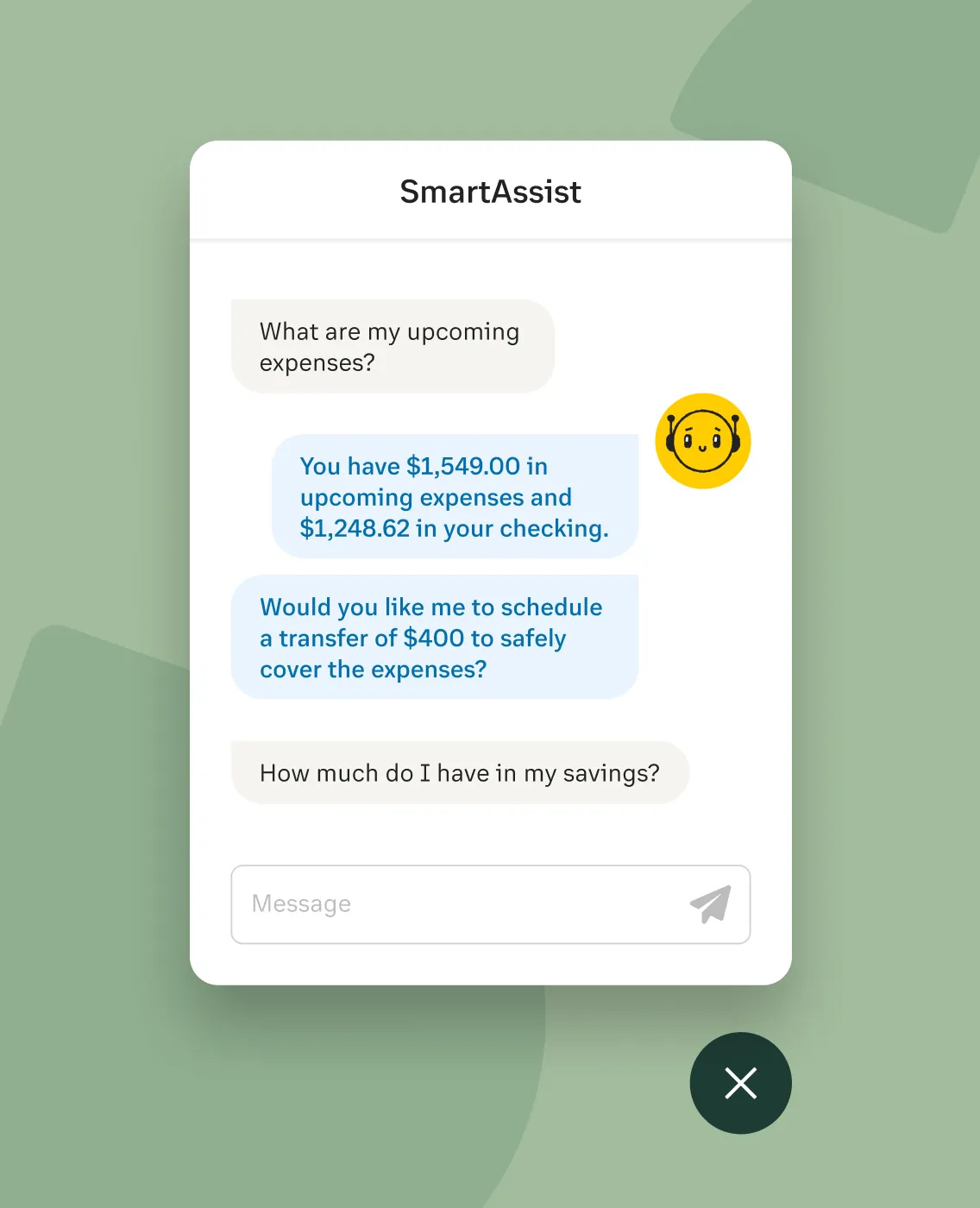 SmartAssist dialog box showing a conversation between a user and the chatbot.