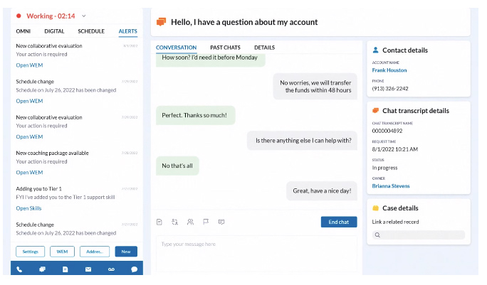 RingCentral Contact Center interface showing a conversation between an agent and a customer regarding the transfer of funds.
